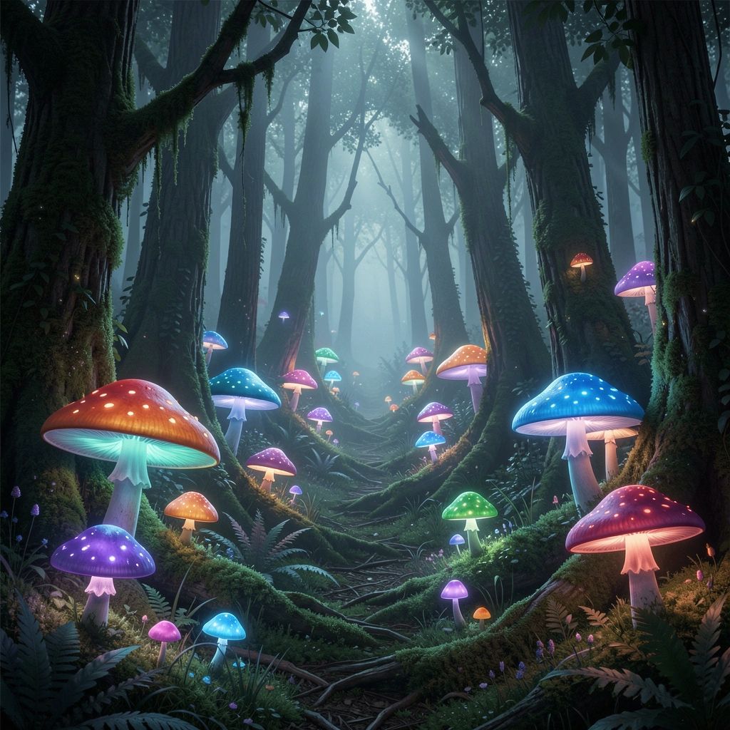 AI image generator example of a mystical forest with bioluminescent mushrooms